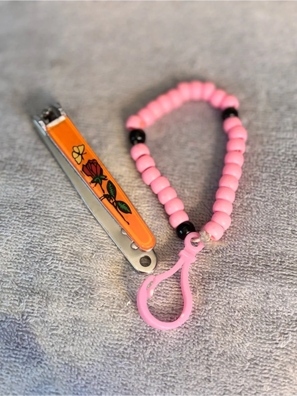 Pink Beaded Kids Keychain Wrist Strap with Flower Nail Clipper